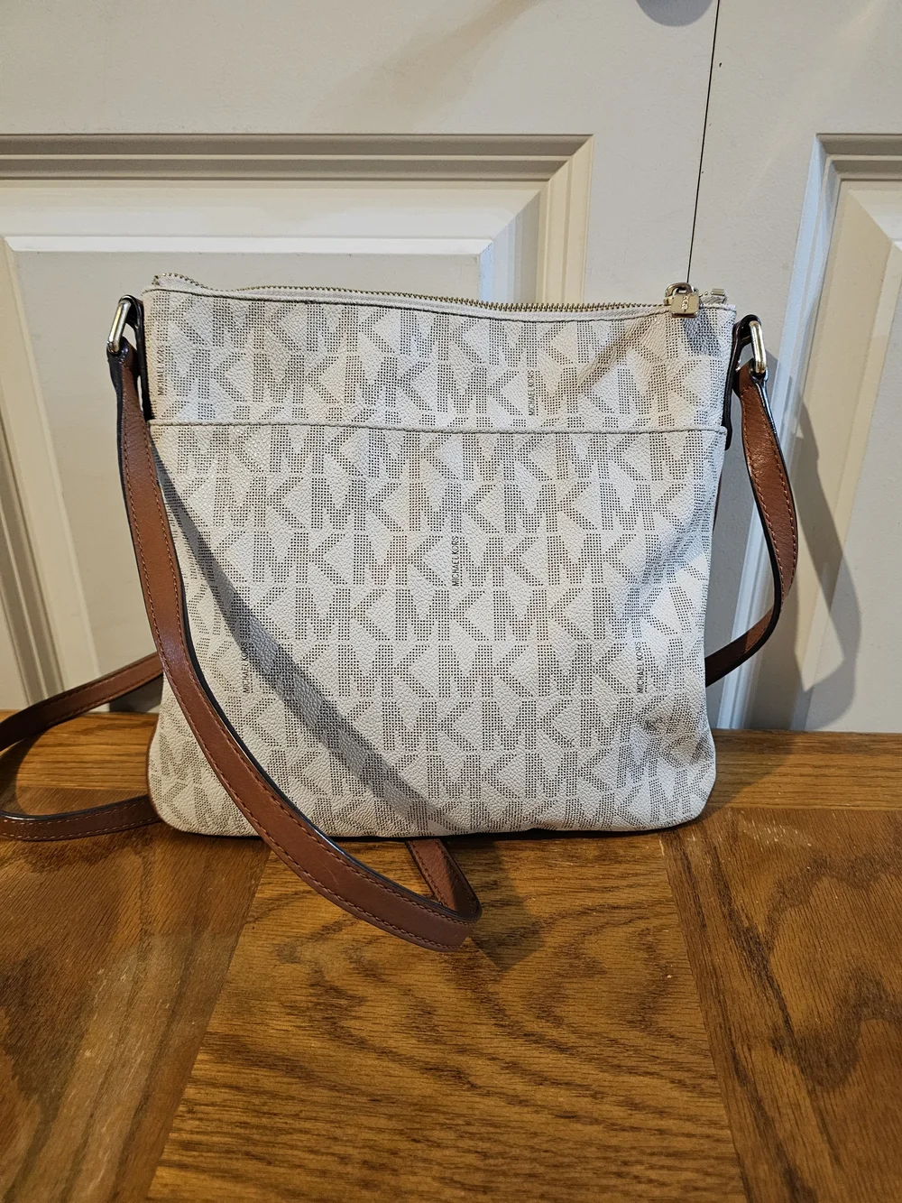 Michael Kors White Logo Crossbody Bag with Brown Strap